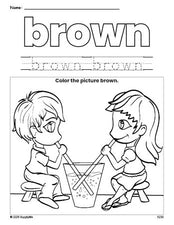 Free Valentine's Day couple color brown coloring page and color worksheet, brown worksheet for preschoolers to learn colors, printable PDF