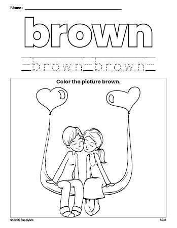 Free Valentine's Day couple color brown coloring page and color worksheet, brown worksheet for preschoolers to learn colors, printable PDF