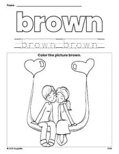 Free Valentine's Day couple color brown coloring page and color worksheet, brown worksheet for preschoolers to learn colors, printable PDF