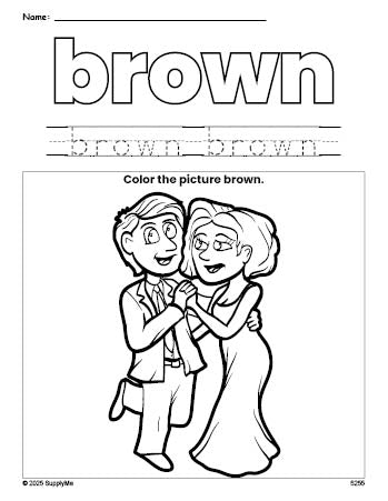 Free Valentine's Day couple color brown coloring page and color worksheet, brown worksheet for preschoolers to learn colors, printable PDF