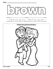 Free Valentine's Day couple color brown coloring page and color worksheet, brown worksheet for preschoolers to learn colors, printable PDF