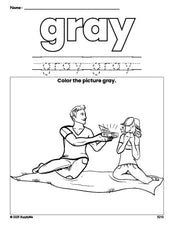 Free Valentine's Day couple color gray coloring page and color worksheet, gray worksheet for preschoolers to learn colors, printable PDF