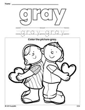 Free Valentine's Day couple color gray coloring page and color worksheet, gray worksheet for preschoolers to learn colors, printable PDF