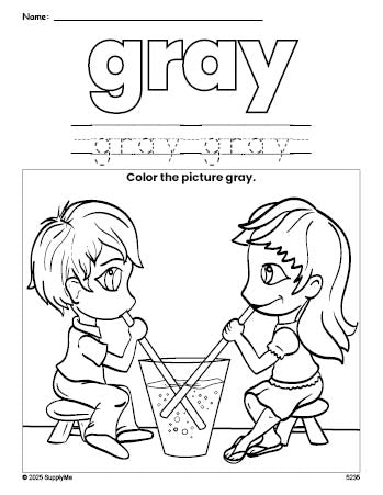 Free Valentine's Day couple color gray coloring page and color worksheet, gray worksheet for preschoolers to learn colors, printable PDF