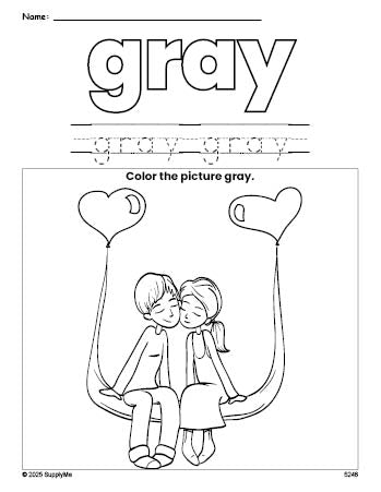 Free Valentine's Day couple color gray coloring page and color worksheet, gray worksheet for preschoolers to learn colors, printable PDF