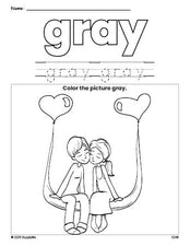 Free Valentine's Day couple color gray coloring page and color worksheet, gray worksheet for preschoolers to learn colors, printable PDF