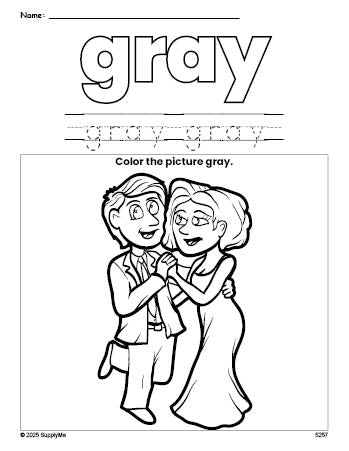 Free Valentine's Day couple color gray coloring page and color worksheet, gray worksheet for preschoolers to learn colors, printable PDF