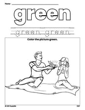 Free Valentine's Day couple color green coloring page and color worksheet, green worksheet for preschoolers to learn colors, printable PDF