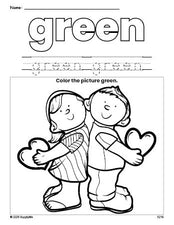 Free Valentine's Day couple color green coloring page and color worksheet, green worksheet for preschoolers to learn colors, printable PDF