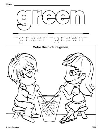 Free Valentine's Day couple color green coloring page and color worksheet, green worksheet for preschoolers to learn colors, printable PDF