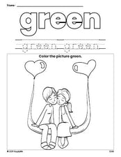 Free Valentine's Day couple color green coloring page and color worksheet, green worksheet for preschoolers to learn colors, printable PDF