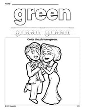 Free Valentine's Day couple color green coloring page and color worksheet, green worksheet for preschoolers to learn colors, printable PDF