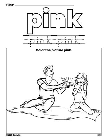 Free Valentine's Day couple color pink coloring page and color worksheet, pink worksheet for preschoolers to learn colors, printable PDF