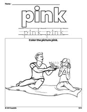 Free Valentine's Day couple color pink coloring page and color worksheet, pink worksheet for preschoolers to learn colors, printable PDF