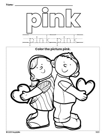 Free Valentine's Day couple color pink coloring page and color worksheet, pink worksheet for preschoolers to learn colors, printable PDF