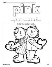 Free Valentine's Day couple color pink coloring page and color worksheet, pink worksheet for preschoolers to learn colors, printable PDF