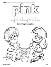 Free Valentine's Day couple color pink coloring page and color worksheet, pink worksheet for preschoolers to learn colors, printable PDF