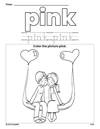 Free Valentine's Day couple color pink coloring page and color worksheet, pink worksheet for preschoolers to learn colors, printable PDF