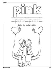 Free Valentine's Day couple color pink coloring page and color worksheet, pink worksheet for preschoolers to learn colors, printable PDF