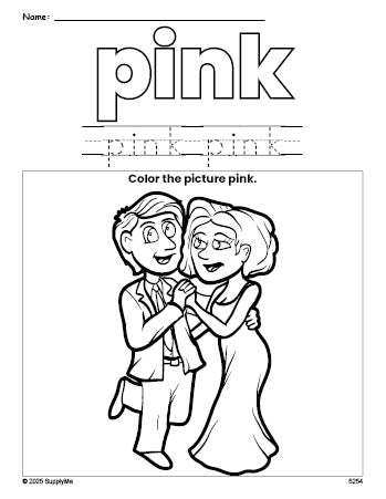 Free Valentine's Day couple color pink coloring page and color worksheet, pink worksheet for preschoolers to learn colors, printable PDF