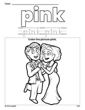 Free Valentine's Day couple color pink coloring page and color worksheet, pink worksheet for preschoolers to learn colors, printable PDF