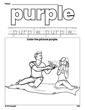 Free Valentine's Day couple color purple coloring page and color worksheet, purple worksheet for preschoolers to learn colors, printable PDF