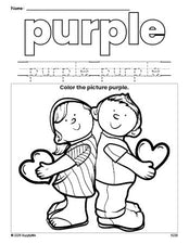 Free Valentine's Day couple color purple coloring page and color worksheet, purple worksheet for preschoolers to learn colors, printable PDF