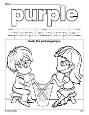 Free Valentine's Day couple color purple coloring page and color worksheet, purple worksheet for preschoolers to learn colors, printable PDF