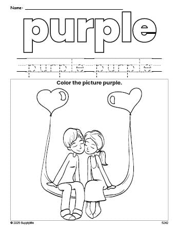 Free Valentine's Day couple color purple coloring page and color worksheet, purple worksheet for preschoolers to learn colors, printable PDF