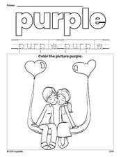 Free Valentine's Day couple color purple coloring page and color worksheet, purple worksheet for preschoolers to learn colors, printable PDF