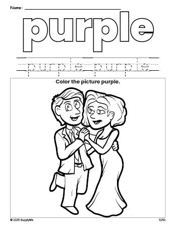 Free Valentine's Day couple color purple coloring page and color worksheet, purple worksheet for preschoolers to learn colors, printable PDF