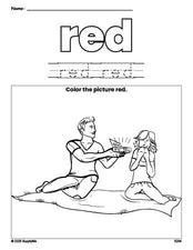 Free Valentine's Day couple color red coloring page and color worksheet, red worksheet for preschoolers to learn colors, printable PDF