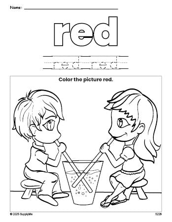 Free Valentine's Day couple color red coloring page and color worksheet, red worksheet for preschoolers to learn colors, printable PDF