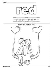 Free Valentine's Day couple color red coloring page and color worksheet, red worksheet for preschoolers to learn colors, printable PDF