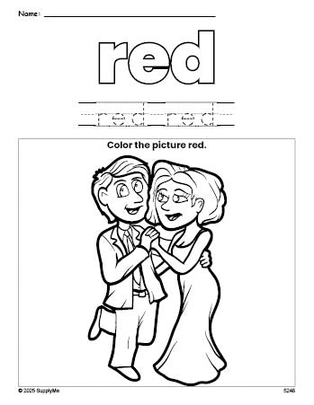 Free Valentine's Day couple color red coloring page and color worksheet, red worksheet for preschoolers to learn colors, printable PDF