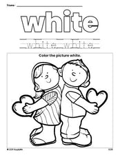 Free Valentine's Day couple color white coloring page and color worksheet, white worksheet for preschoolers to learn colors, printable PDF