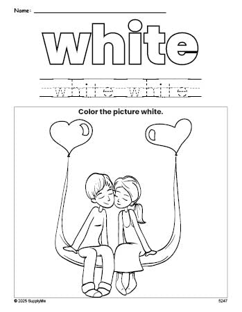 Free Valentine's Day couple color white coloring page and color worksheet, white worksheet for preschoolers to learn colors, printable PDF