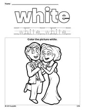 Free Valentine's Day couple color white coloring page and color worksheet, white worksheet for preschoolers to learn colors, printable PDF