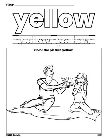 Free Valentine's Day couple color yellow coloring page and color worksheet, yellow worksheet for preschoolers to learn colors, printable PDF