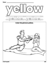 Free Valentine's Day couple color yellow coloring page and color worksheet, yellow worksheet for preschoolers to learn colors, printable PDF