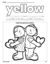 Free Valentine's Day couple color yellow coloring page and color worksheet, yellow worksheet for preschoolers to learn colors, printable PDF