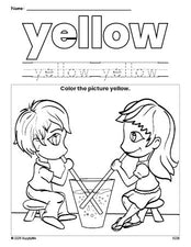 Free Valentine's Day couple color yellow coloring page and color worksheet, yellow worksheet for preschoolers to learn colors, printable PDF