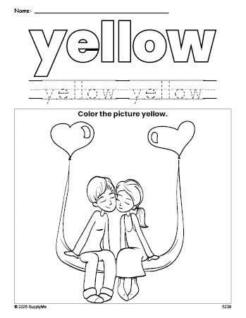 Free Valentine's Day couple color yellow coloring page and color worksheet, yellow worksheet for preschoolers to learn colors, printable PDF