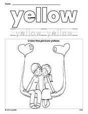 Free Valentine's Day couple color yellow coloring page and color worksheet, yellow worksheet for preschoolers to learn colors, printable PDF