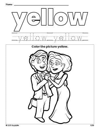 Free Valentine's Day couple color yellow coloring page and color worksheet, yellow worksheet for preschoolers to learn colors, printable PDF