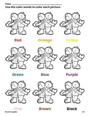 Free Valentine's Day couple coloring page and color worksheet for preschoolers to learn colors, printable PDF