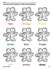 Free Valentine's Day couple coloring page and color worksheet for preschoolers to learn colors, printable PDF