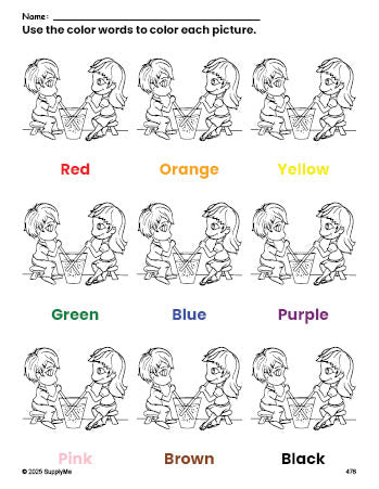 Free Valentine's Day couple coloring page and color worksheet for preschoolers to learn colors, printable PDF