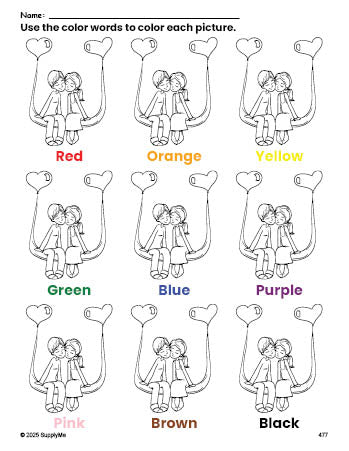 Free Valentine's Day couple coloring page and color worksheet for preschoolers to learn colors, printable PDF