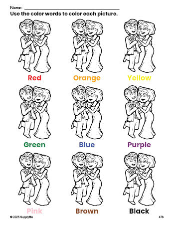 Free Valentine's Day couple coloring page and color worksheet for preschoolers to learn colors, printable PDF